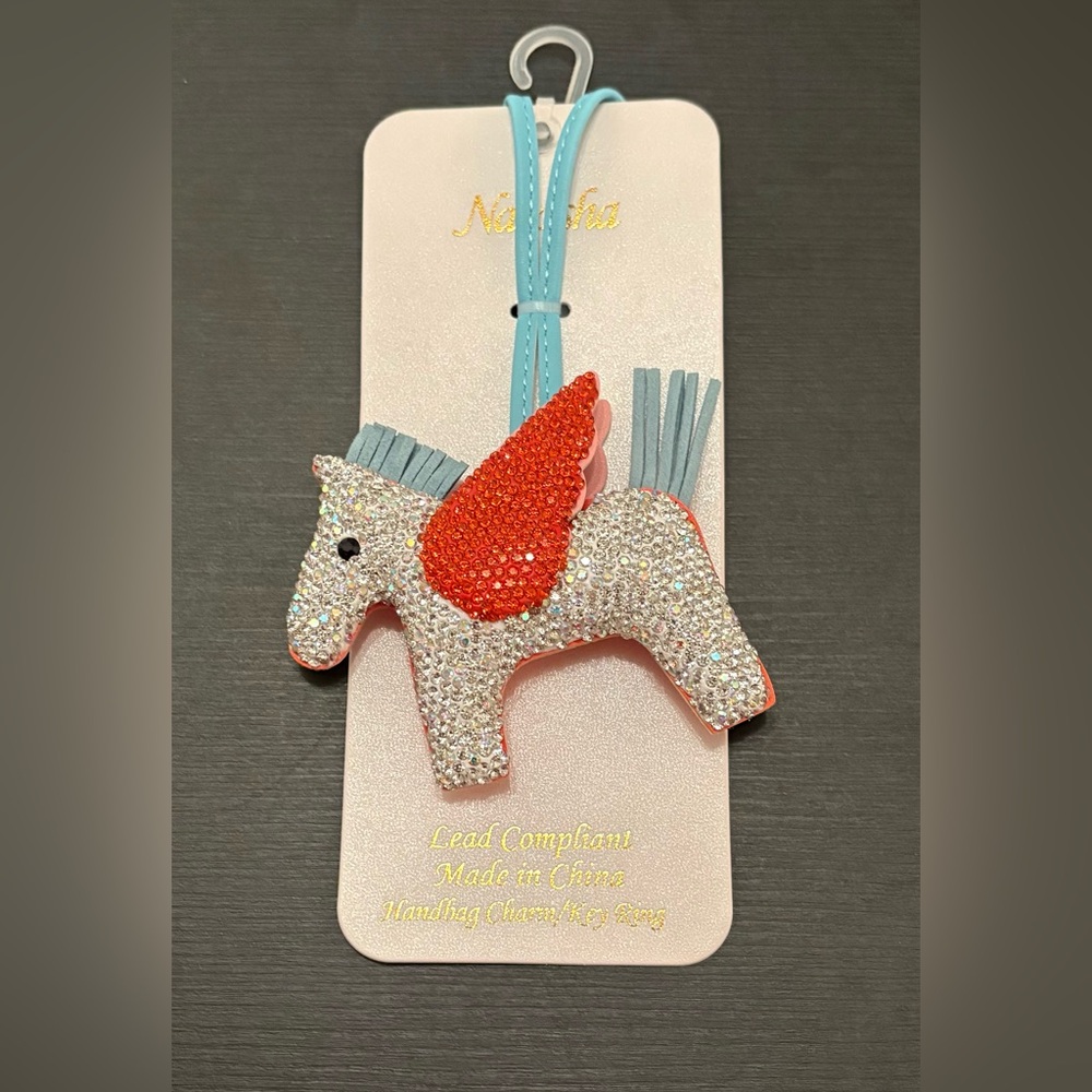 Sparkling Silver Unicorn Bag Charm Keychain with Orange Wings Reversible NWT